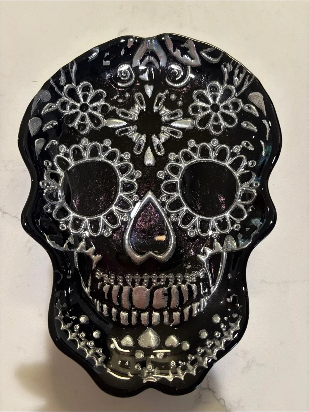 Black Sugar Skull Decorative Dish with Silver Accents